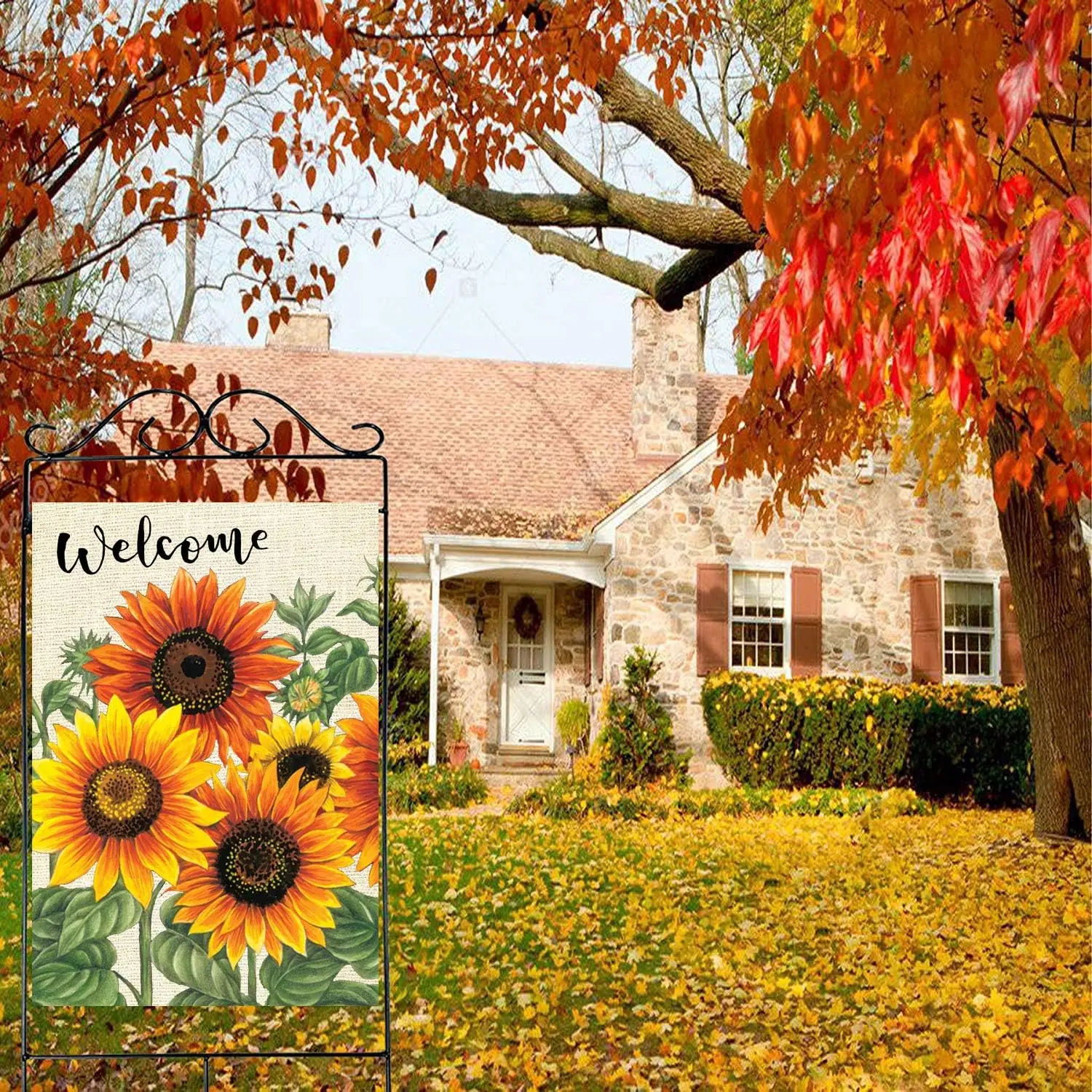 Wamika Welcome Sunflower Fall Autumn Maple Leaves Double Sided Burlap Garden Yard Flag 28