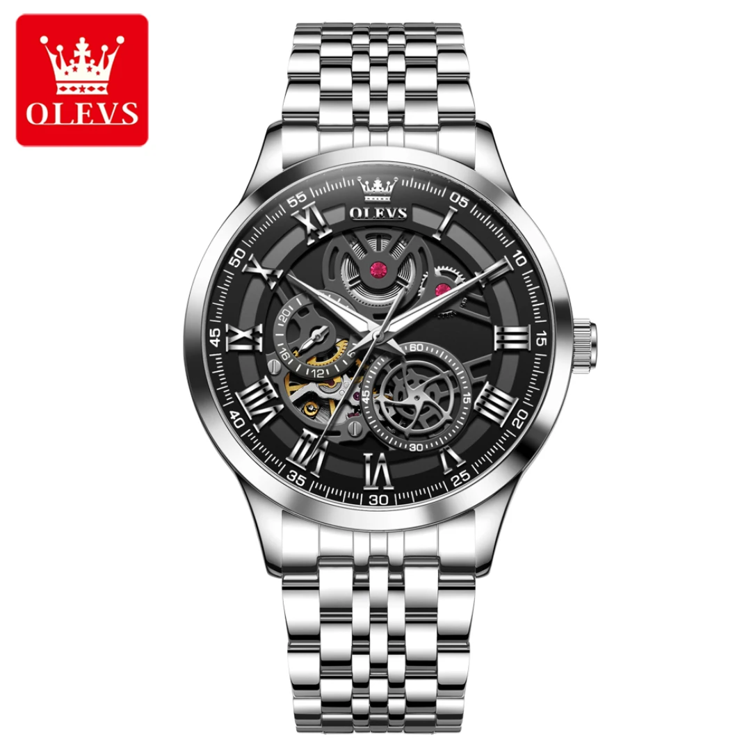 

OLEVS 7076, модные механические часы, подарок, ремешок для часов из нержавеющей стали, наручные часы с круглым циферблатом, светящиеся