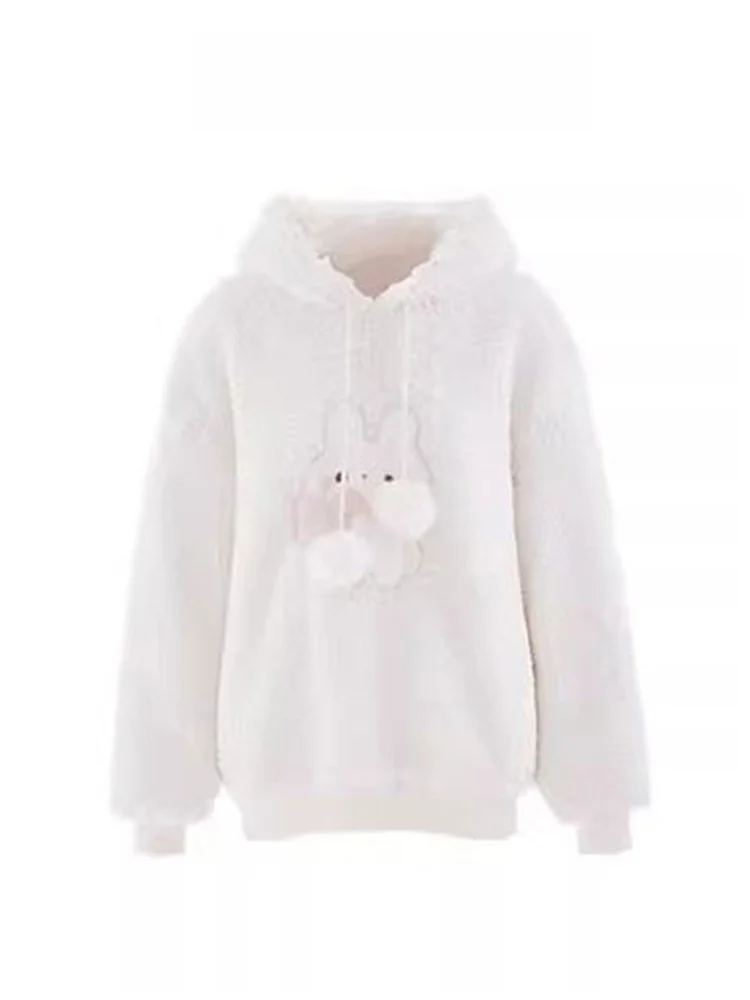 Sweet Lamb Fur Rabbit Ear Hoodie Women's Autumn Winter Thiened Cute Plu Jaet Loose Fit Long Sve Vintage Sle