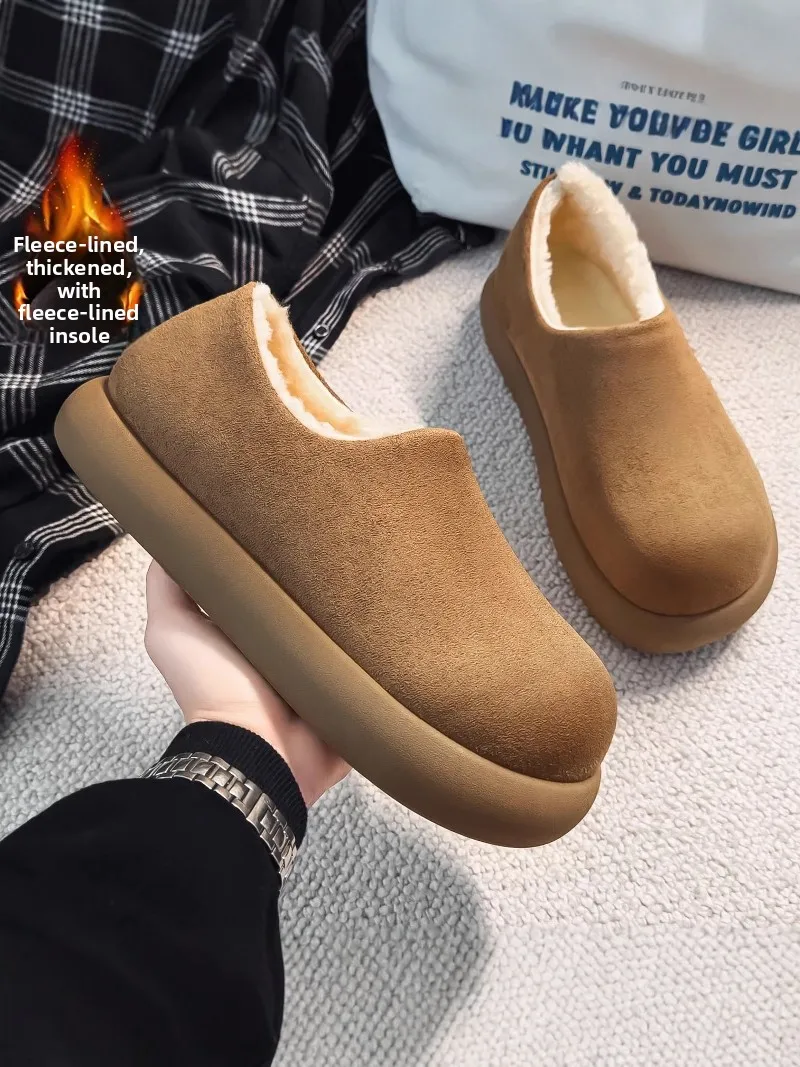Men's Winter Thickened Fleece Lined Leather Fur Integrated Office Full Wrap Mule Shoes Birkenshoes Casual round Toe Low Heel