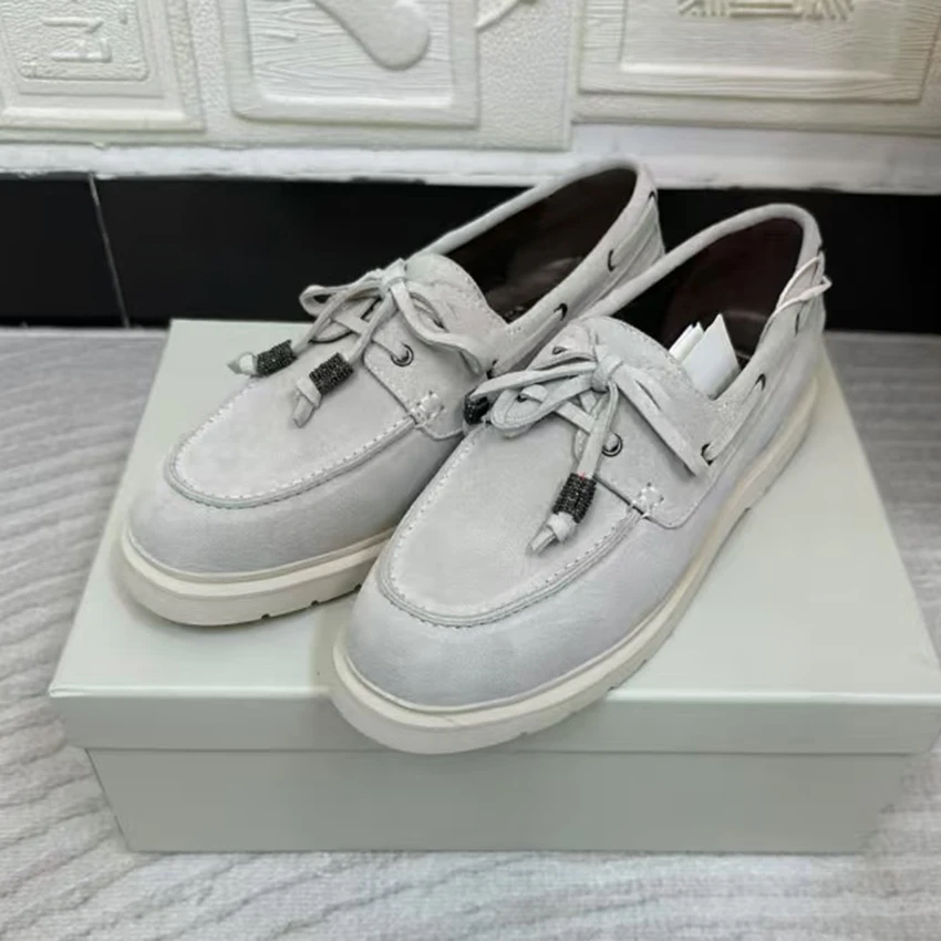 

Весна-Осень 2023, новые замшевые туфли на плоской подошве, лоферы на шнуровке с круглым носком, повседневная уличная прогулочная обувь для женщин