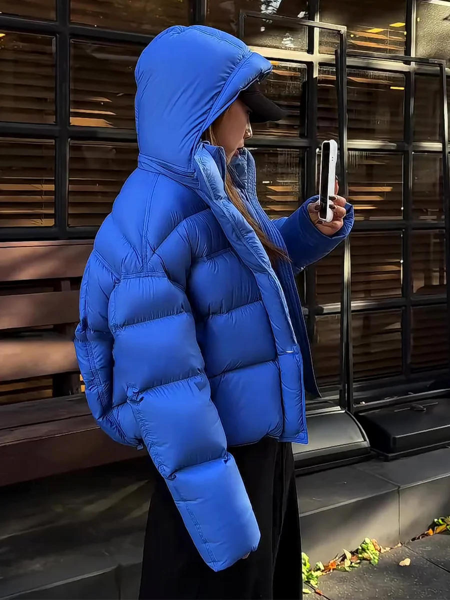 

Blue Hooded ort Puffer Jaet Women's Thiened Warm Windproof Loose Bread Sle down Coat White Du down Casual Sle