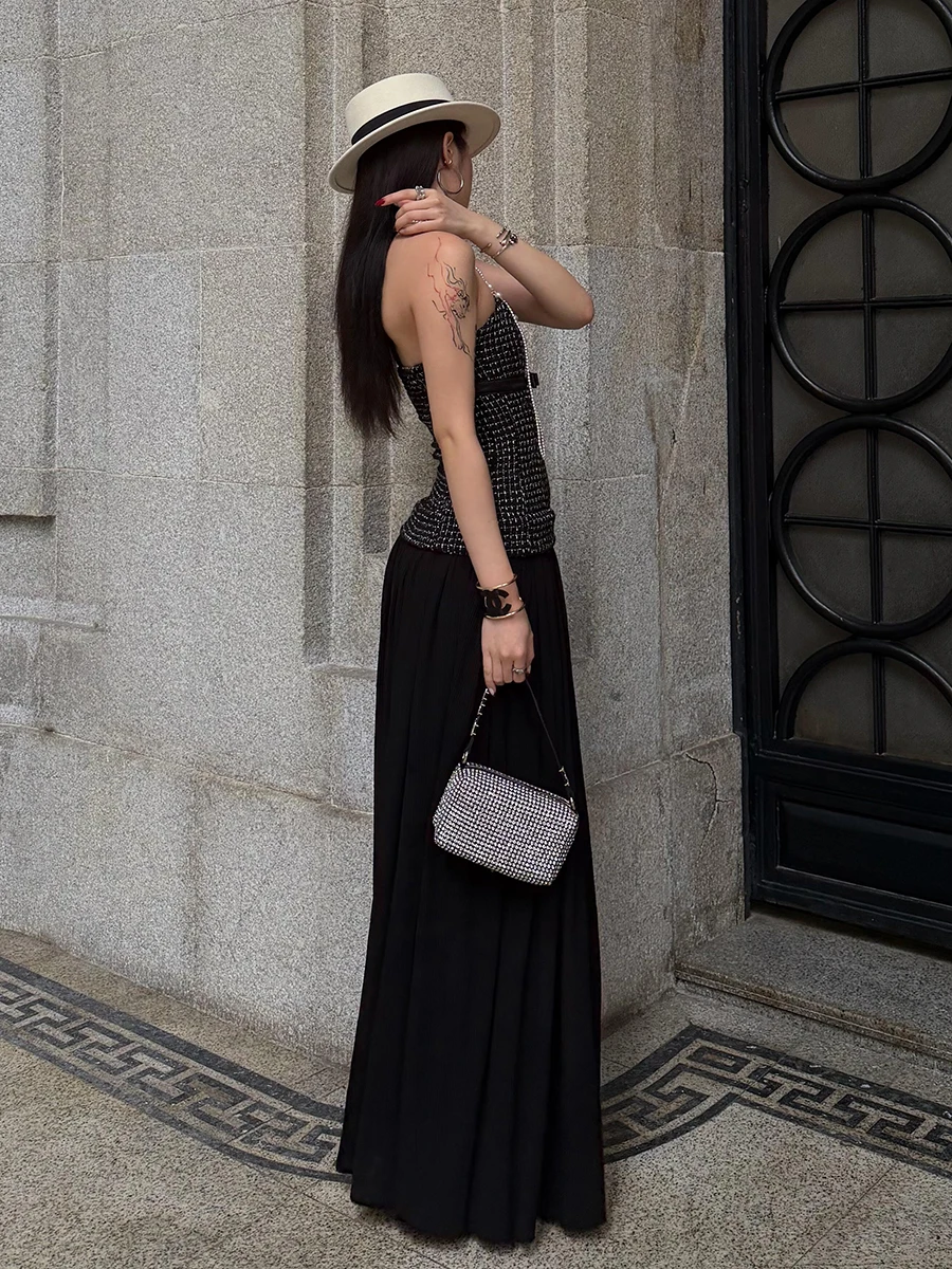 REDDACHiC Czarna Sukienka Balowa z Kokardą, Damska, Brokatowa, Tweedowa, Szyfonowa, Bandeau, Plisowana, Maxi, Długa Sukienka Elegancka Wieczorowa Formalna