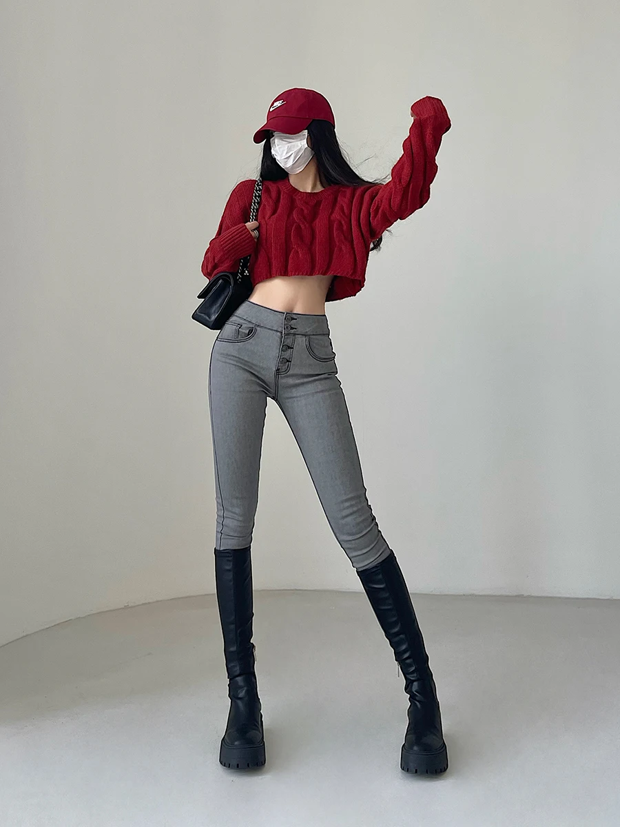 Sexy High Waist Single Button Slim Fit Elastic Pencil Jeans Women's Denim Pants Long Trousers Spring Autumn Winter Fashion