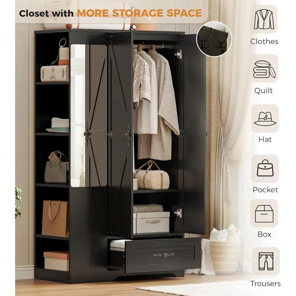 خزانة ملابس مع مرآة، خزائن خشبية لخزائن غرف النوم بارتفاع 70 بوصة مع بابين، 5 أرفف، خطافات ودرج #5