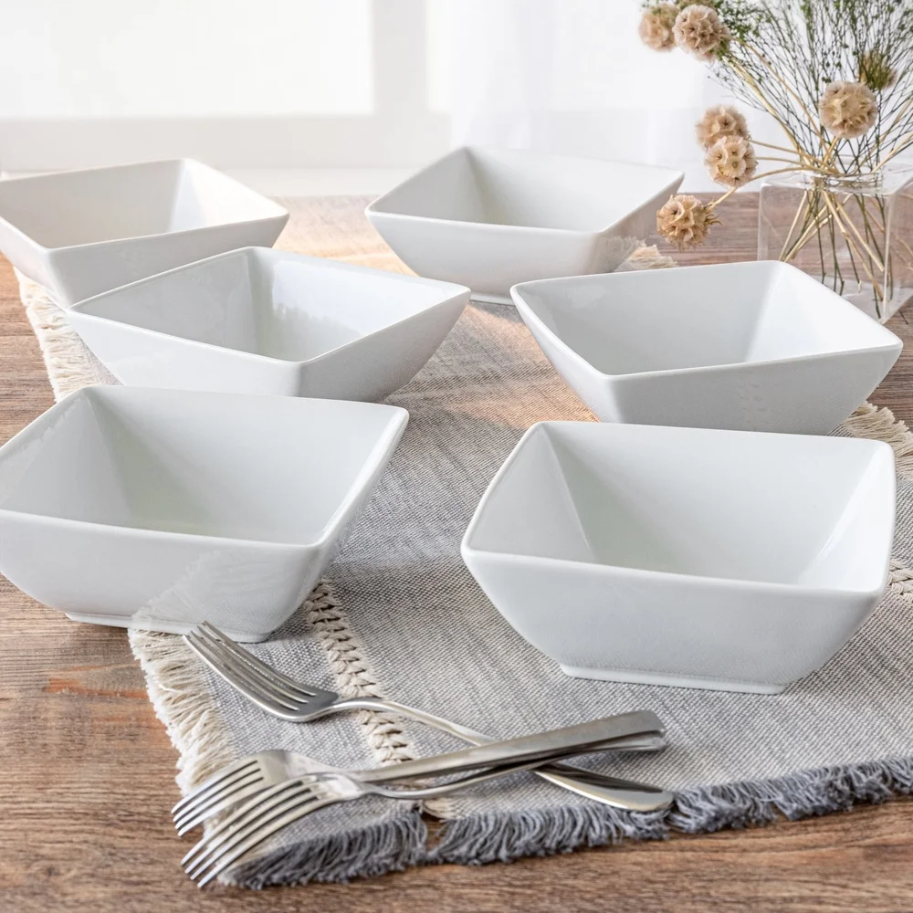 Durable Porcelain Square Bowls Set of 6 Microwave Dishwasher Oven Safe 25oz Capacity Versatile Kitchen Dining Tableware