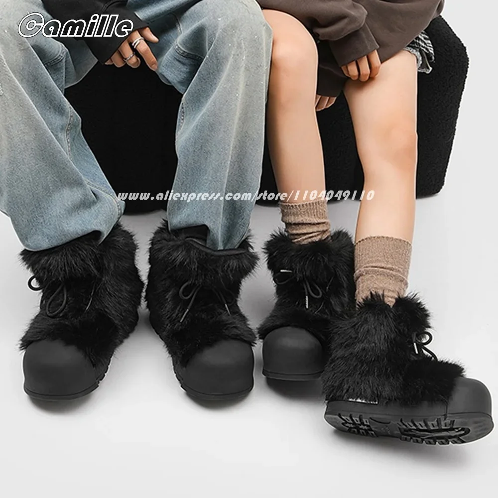 Fur Mixed Color SHort Plush Front Lace Up Snow Mid-Top Sneakers Winter NEW Size 36-44 Lady Snow Boots Round Toe Casual Boots
