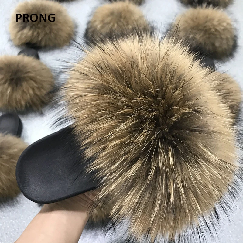 Fluffy Furry Fur Slippers Real Fox Fur Slides For Women Summer PVC Sole Flip Flops Sandals Woman Open Toe Shoes Slippers