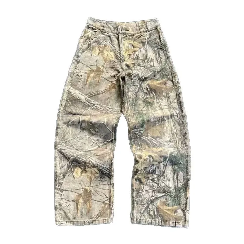 HKSH 2026 Spring Summer New Men Tide Casual Versatile Camouflage Tree Pattern Washed Distressed Safari Style Cargo Pants HK20112