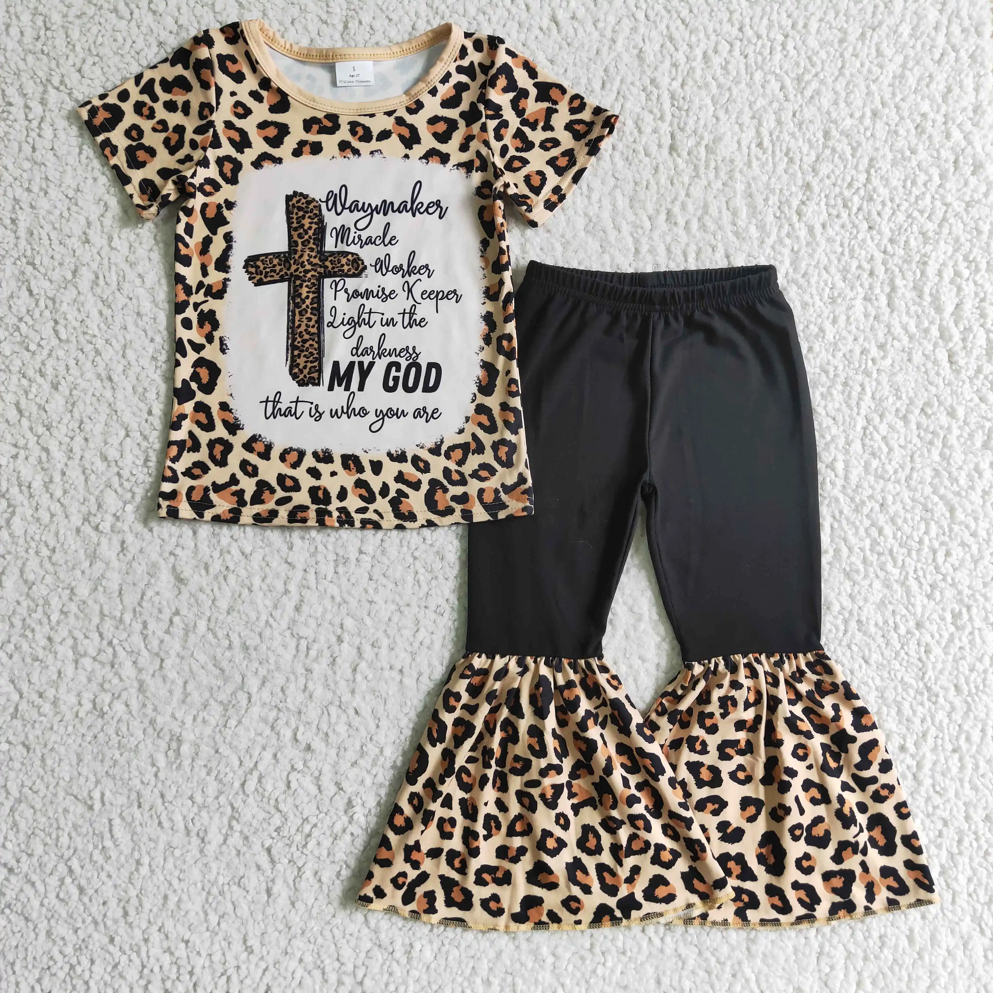 Wholesale Baby Girl Easter Outfit Leopard Short Sleeves Shirt Tee Toddler Kids Black Bell Bottoms Pants Set Childern Clothes