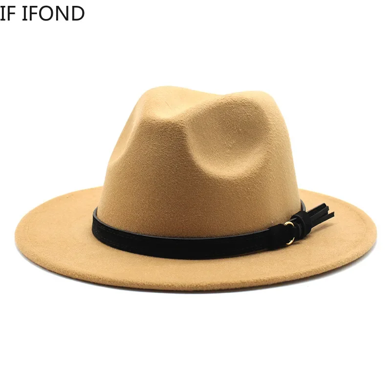 Gangster Trilby Felt Fedora Hat European American Wide Brim Top Jazz Caps Women Men Wool White Wedding Hat 56-58-61CM