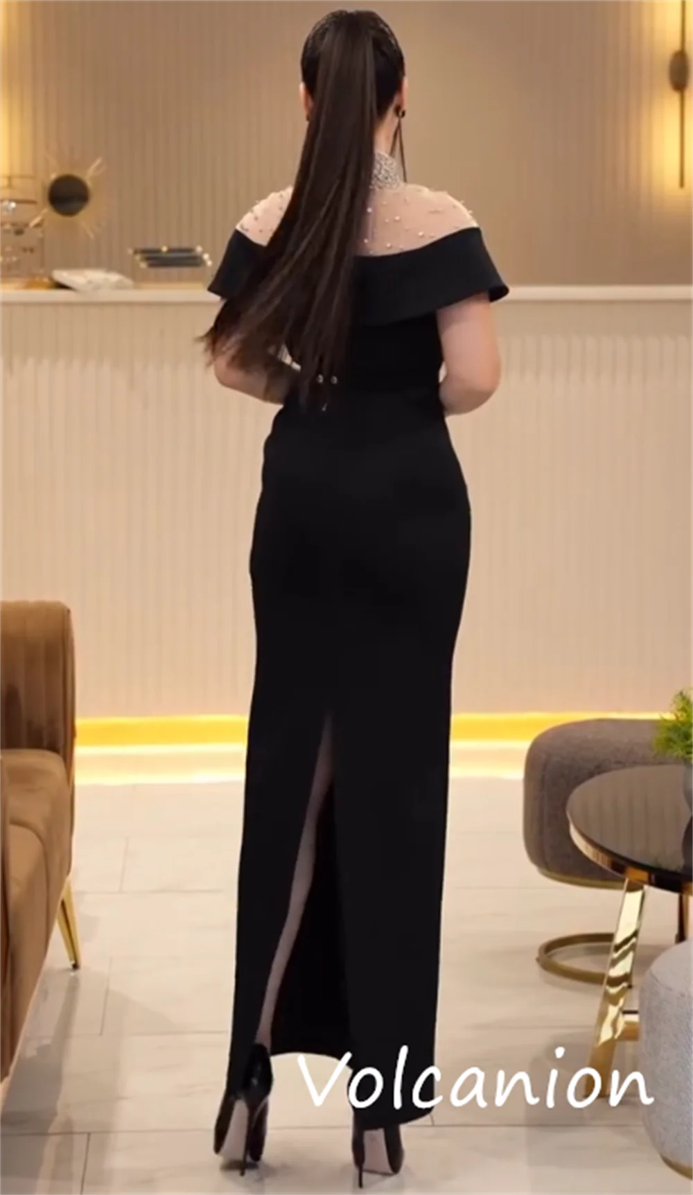 カスタマイズされたファッションクラシックジャージースパンコールプリーツストレートハイカラーミディド​​レスオーダーメイドオケージョンパストロール