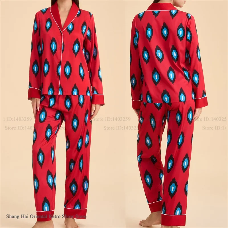 

Women's Pajamas 2Pcs Set Printed Long Sleeve Trouser Suit Homewear Spring New Ice Silk Sleepwear Pijamas Loose Casual Loungewear