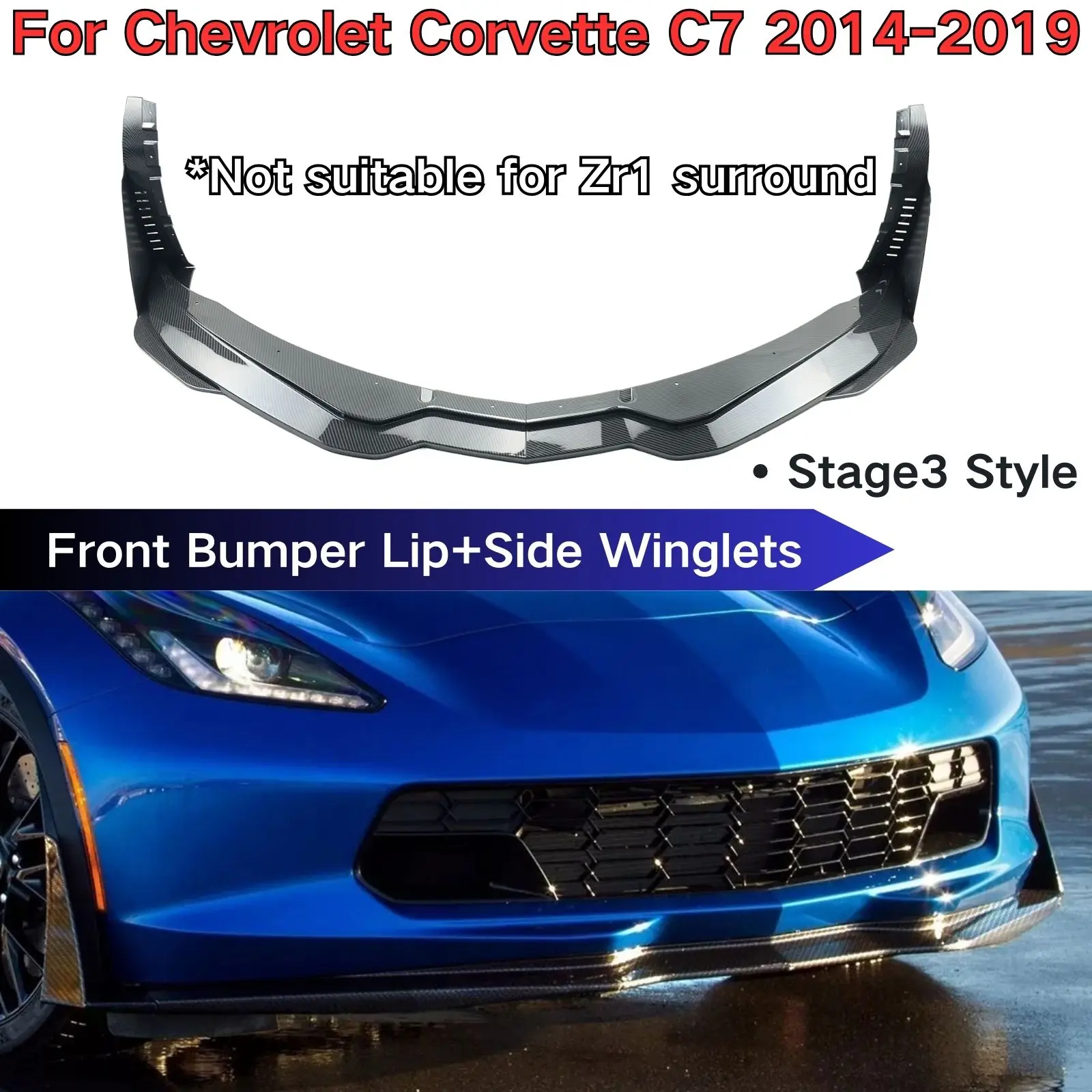 Front Bumper Lip With Side Winglets For Chevrolet Corvette C7 2014-2019 Car Accessories Glossy Black Matte Black Body Kit