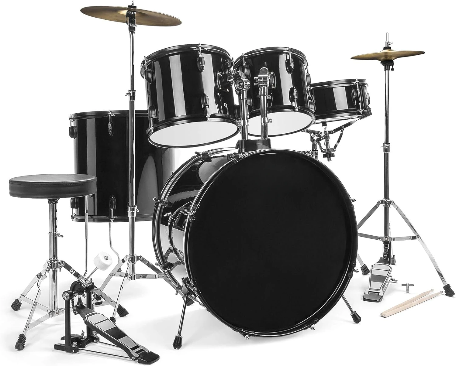 5-Piece Full Size Complete Adult Drum Set w/Cymbal Stands, Stool, Drum Pedal, Sticks, Floor Tom