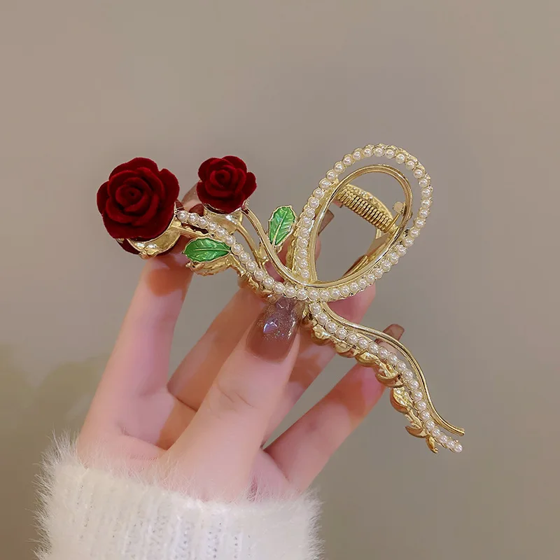 Retro New Rhinestone Rose Grasp Clip Women\'s Ponytail Shark Clip Hair Claw Hair Clip Elegant Girl Fashion Hair Accessories