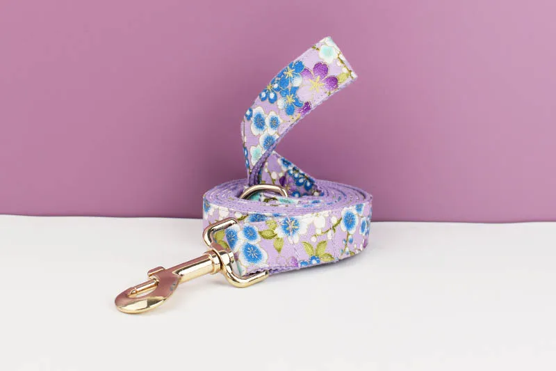 Adjustable Dog Harness Printed Purple Soft Cotton Personalized Dog Collar Leashes Harness Bow Set Dog Accessories Flowers 03