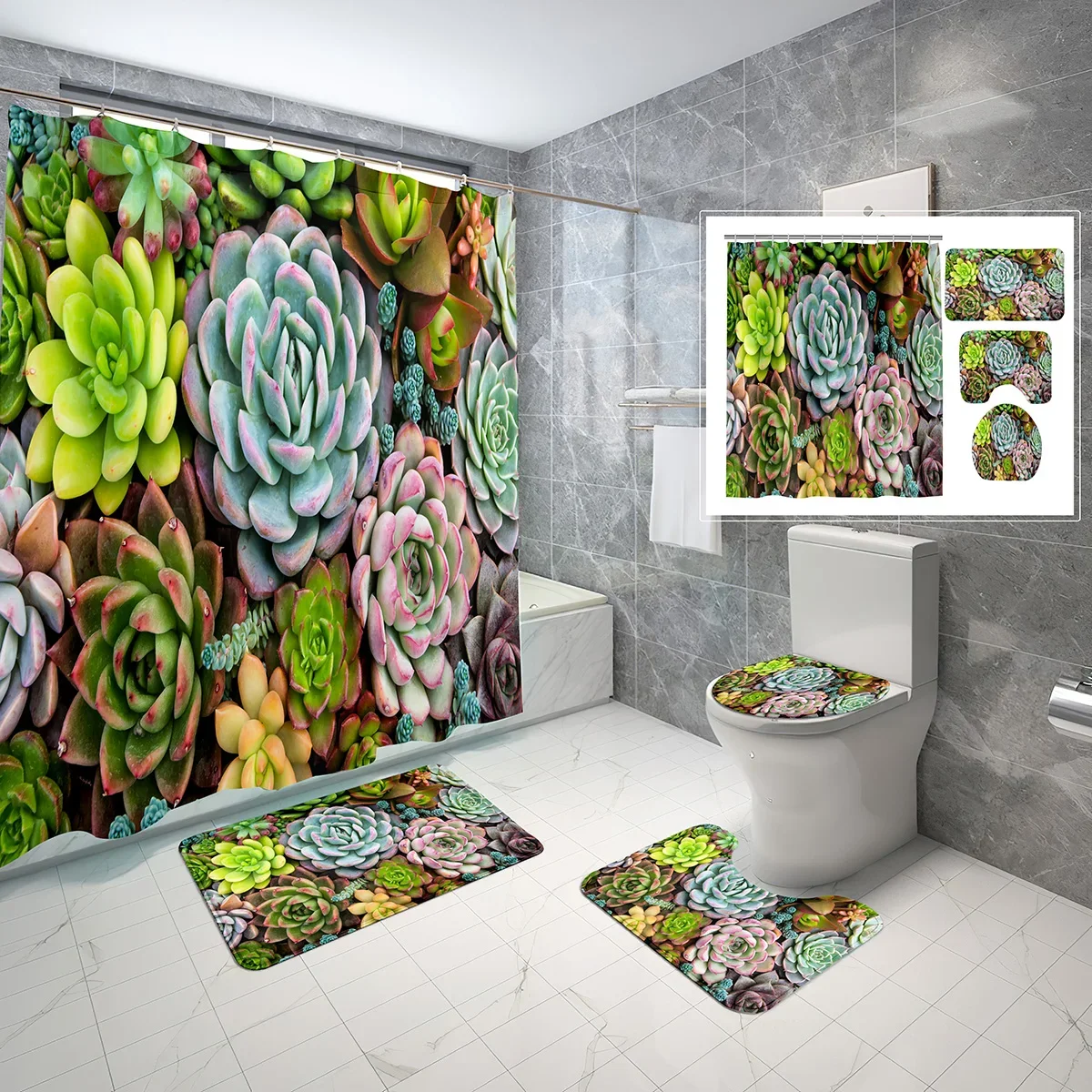 

4 Pcs Succulent Plants Shower Curtain Set Green Houseplant with Non-Slip Rugs Toilet Lid Cover and Waterproof Shower Curtain Set