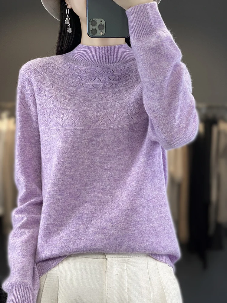 Fashion 100% Merino Wool Sweater Mock Neck  Cashmere Pullover Basic Autumn Winter Soft Hollow Out Long Sleeve Clothing Tops