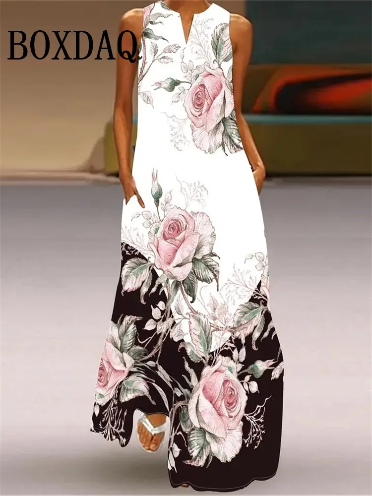 New Summer Flowers Print Loose V-Neck Maxi Dresses Fashion Elegant Sexy Party Sleeveless Sundress Casual Vest Pockets Long Dress