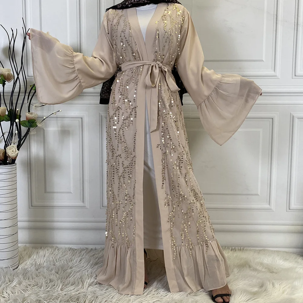 

Sequins Tassel Turkey Muslim Women Kimono Dubai Maxi Dress Eid Ramadan Open Abayas Dubai Islam Clothing Femme Musulmane Jalabiya