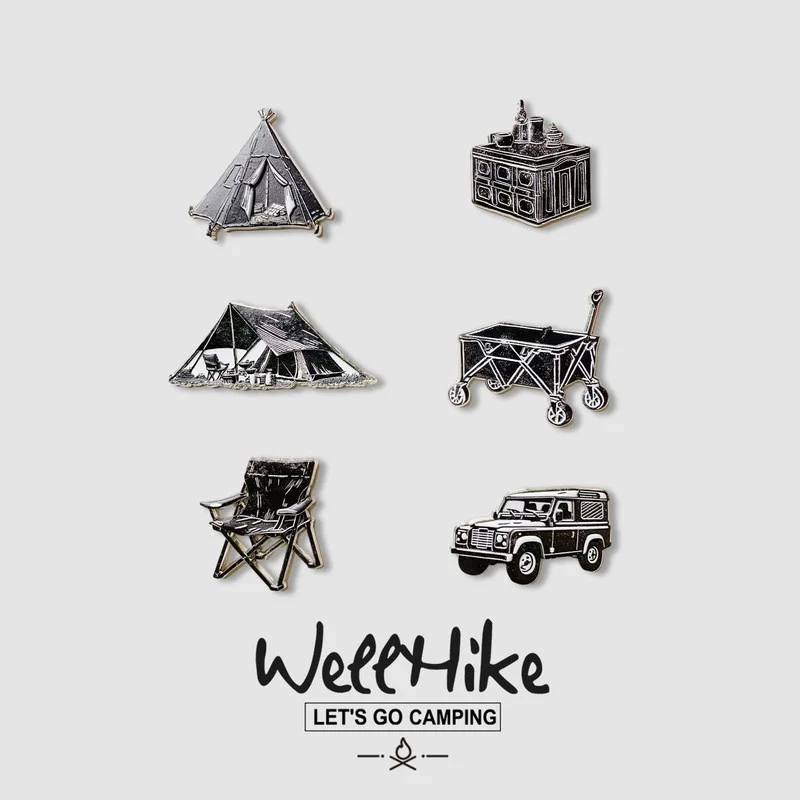 

Магниты на холодильник WELLHIKE с тематикой кемпинга: металлические магниты в виде палатки, внедорожника, кресла, тележки – магнитный сувенир в подарок для кемперов