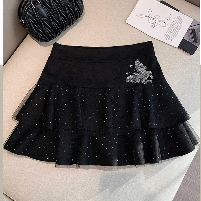 Hot Fix Rhinestone Mesh Women' Skirt Spring Summer New High Waist Slim-looking Pleated Tiered Skirts Bow Fashion Slim Ball Gown