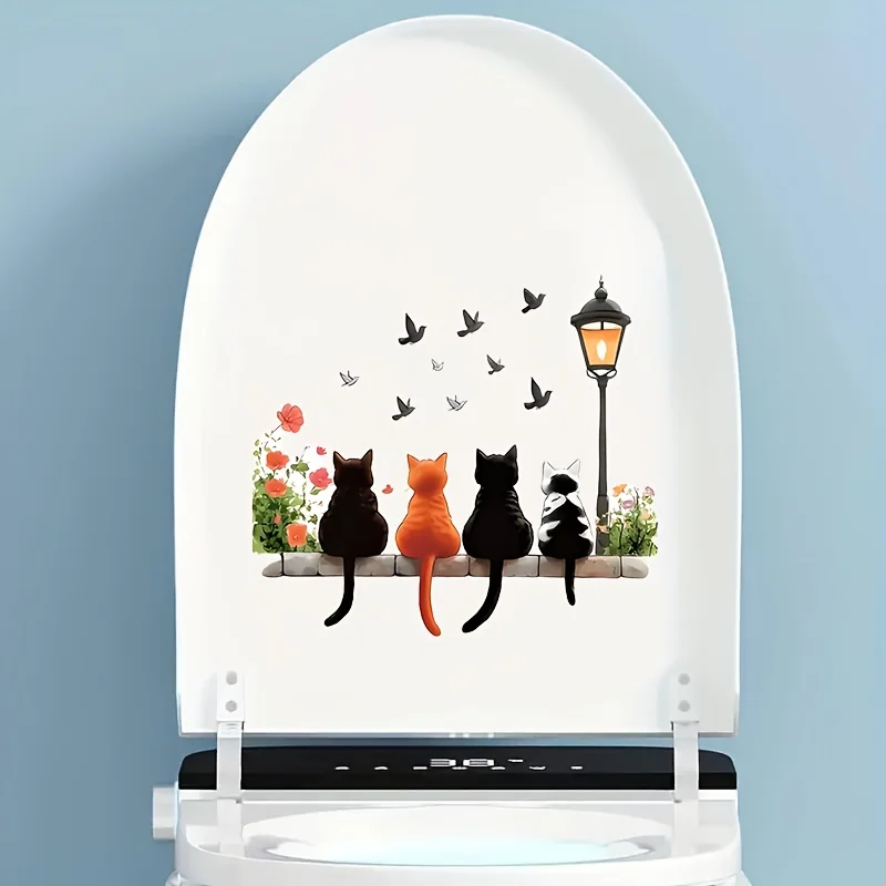 1 piece of decorative sticker with four cats sitting side by side on a stone patterned table, toilet seat cover, and water tank