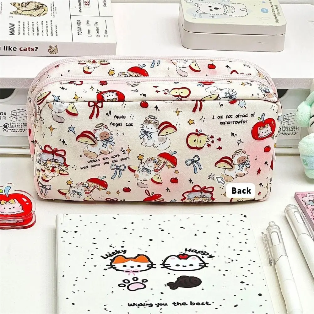 Durable Flip Design Pen Bag Red Kitten Pattern Multilayer Pencil Case Large Capacity Multifunctional Stationery Bag Gift