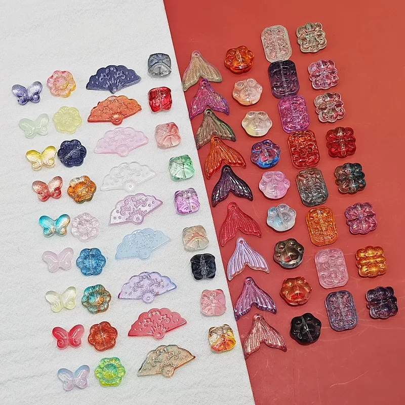 50PCS Lampwork Glass Charms Mix Shapes Fish Tail Lion Cat Paw Butterfly Fan Knot Flower Pendant DIY Jewelry Making Accessories