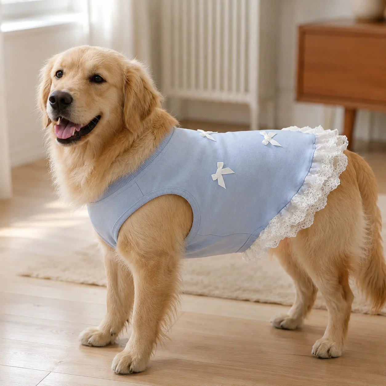 

Cute Light Blue Dog Vest Shirt with Lace Hem and Bowknots, Spring Summer Outfit for Large Dogs, Labrador, Golden Retriever