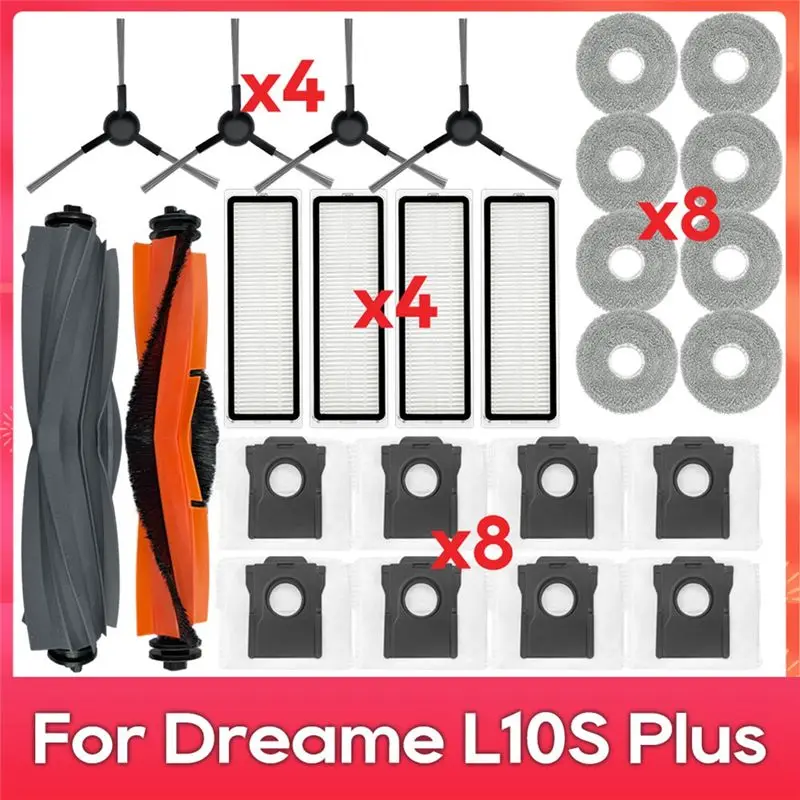 

Запчасти для робота-пылесоса BAAM-For Dreame Bot L10s Plus / RLL42SD: основная и боковые щетки, HEPA-фильтр, насадка для влажной уборки, мешок для сбора пыли, аксессуары.