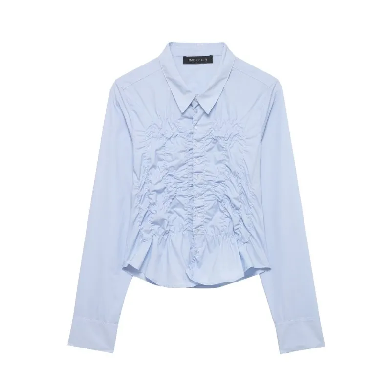 

Женская эластичная плиссированная блузка 2026 года, новая модная модель с отложным воротником, длинным рукавом, на пуговицах, повседневная, приталенная