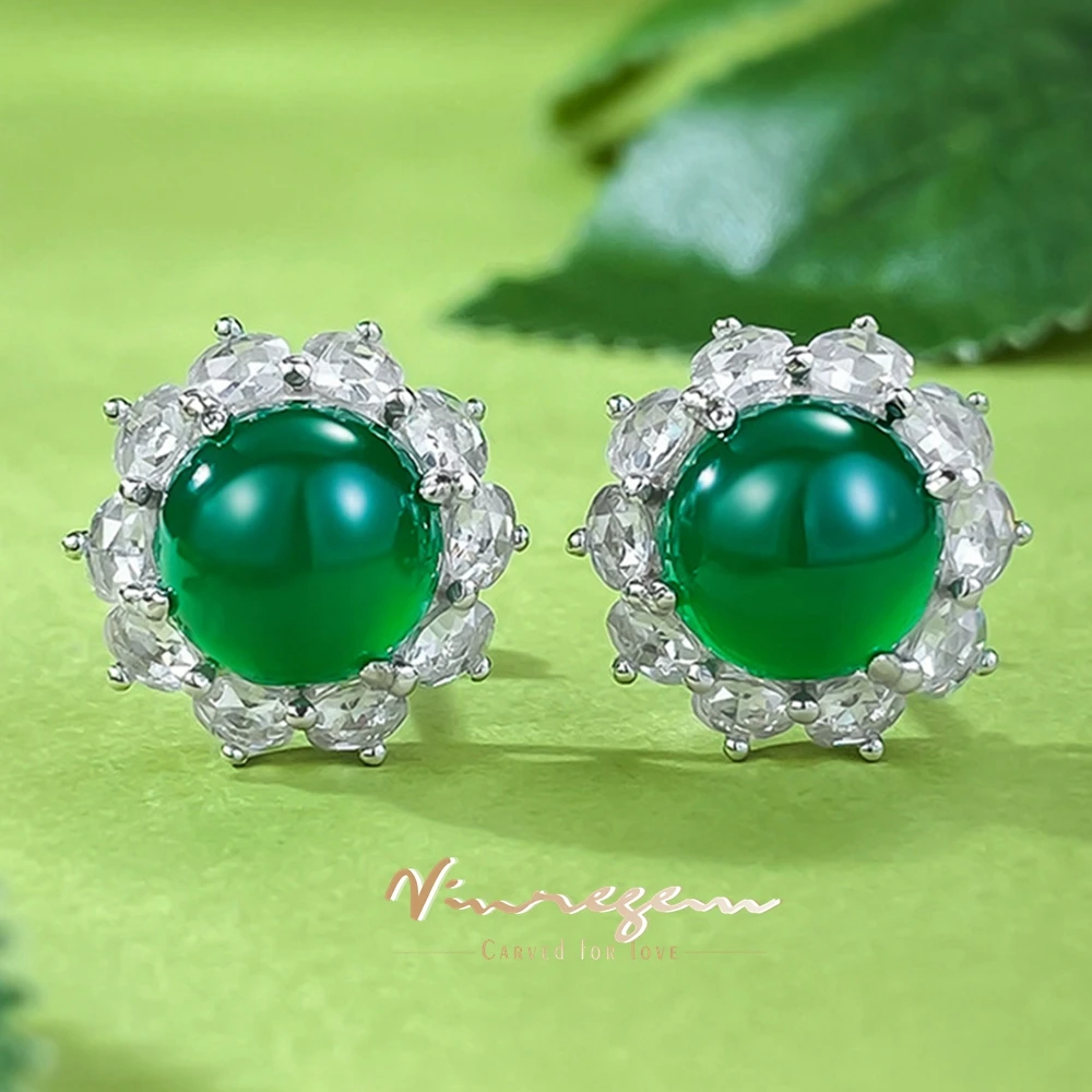 

Vinregem 8MM Green Jade High Carbon Diamond Gemstone Ear Studs Earrings For Women Vintage 100% 925 Sterling Silver Fine Jewelry