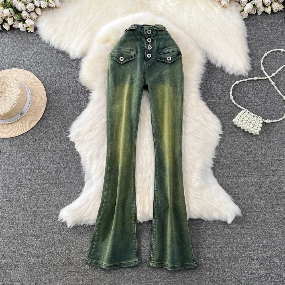 Calça jeans feminina com peito único, calça com botão para cima, leve corte de inicialização, fundo de sino, corante de gravata, pano verde, Y2K, 2023