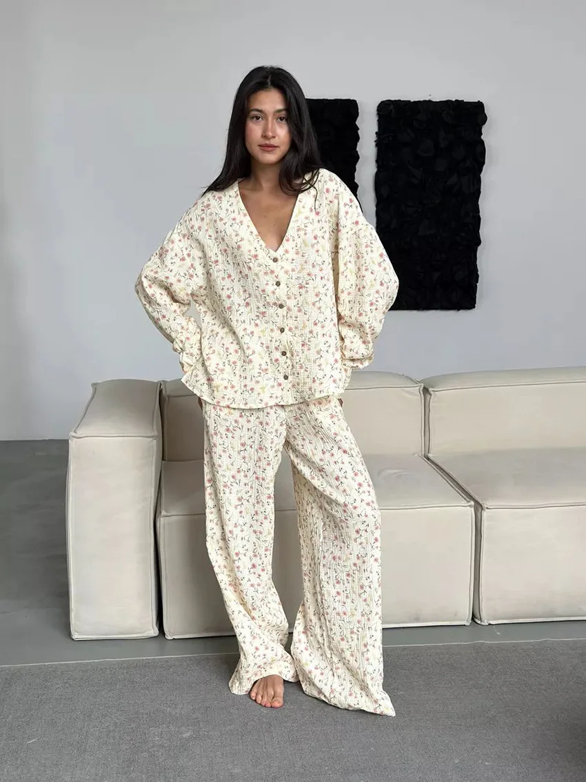 

Cotton Printed Cardigan Pajama Set Women's New Autumn Long Sleeved Pants Pajamas Loose Home Clothing 2-piece Set