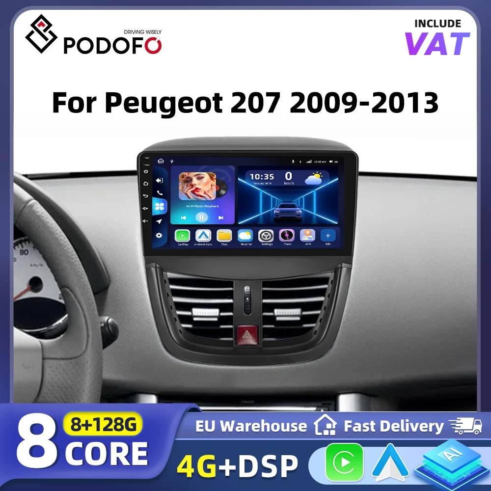 Podofo Wireless CarPlay Android Auto Autoradio für Peugeot 207 2009-2013 GPS-Navigation Auto Smart Systems WiFi BT 2din Autoradio