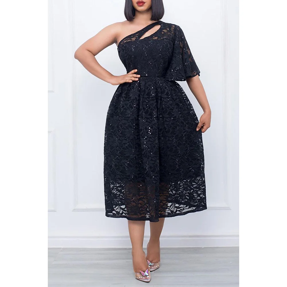 Plus Size Black Daily One Shoulder Lace Cut Out Midi Dresses