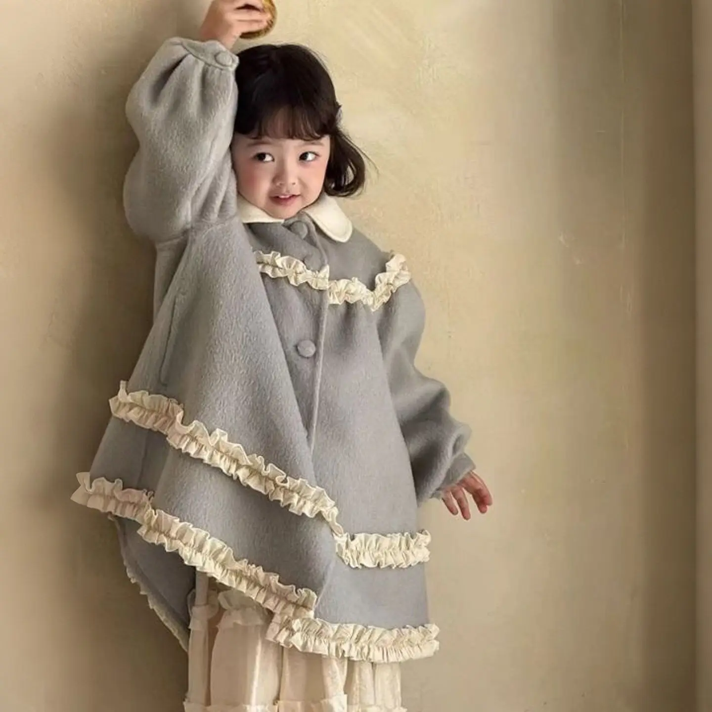 Childrens Woolen Coat Girls Winter Clothing 2025 New Style Doll Collar Korean Style Thick Windbreaker Baby Coat
