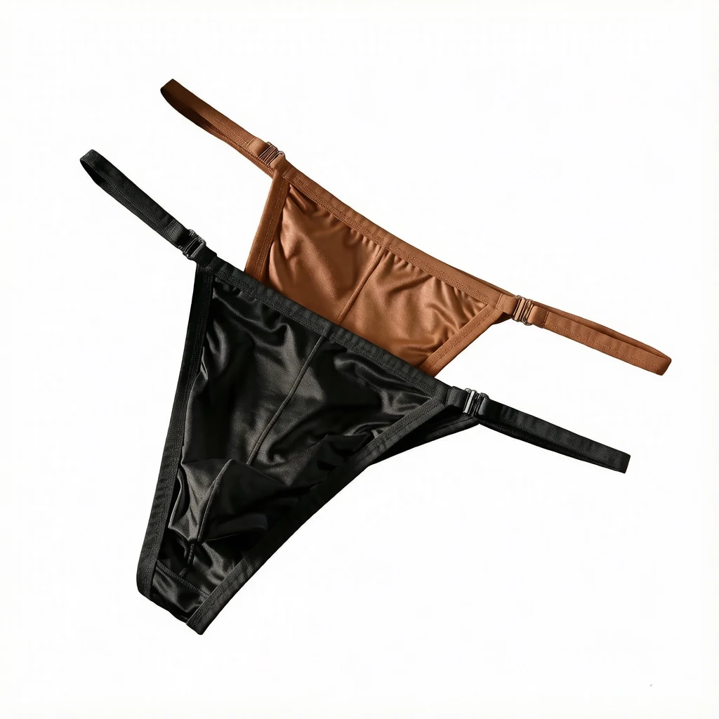 2-Pack Men's Thong Satin Underpants Breathable Sexy Bikini Bulge Pouch Buckle Detachable Thongs Waist Low-rise Underwear T-back
