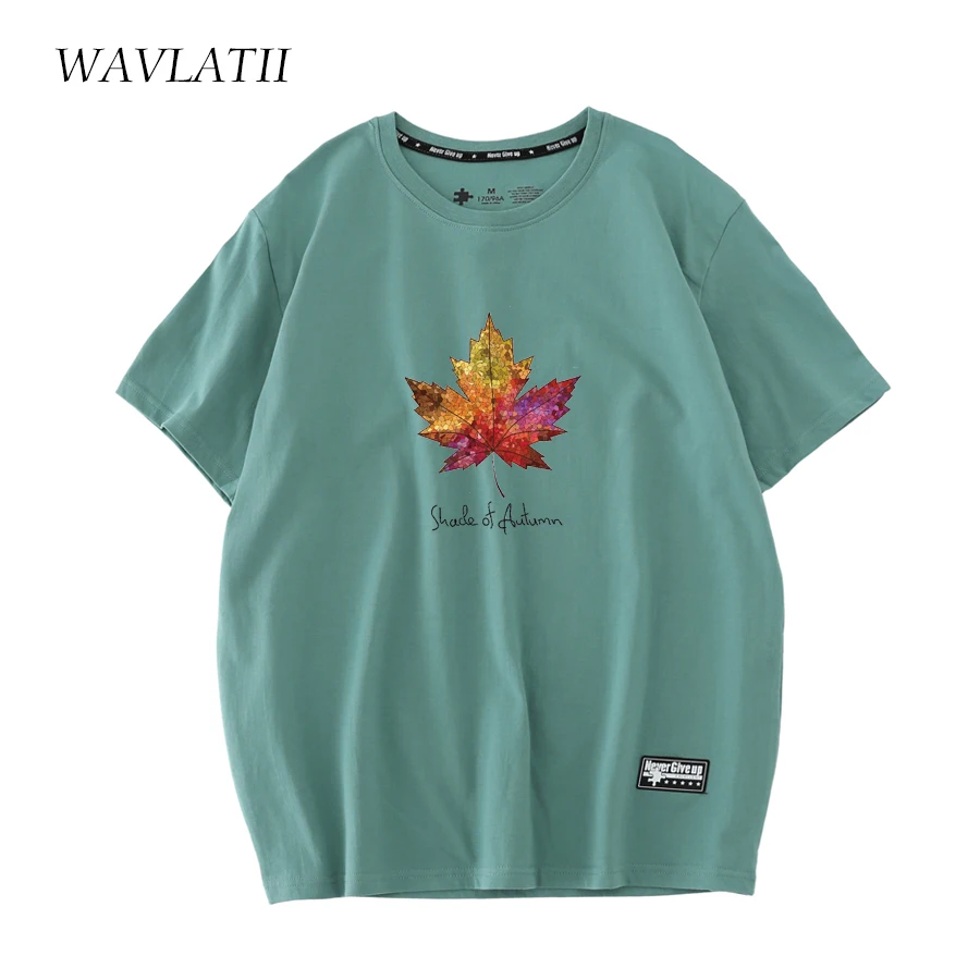 WAVLATII Women New Soft Cotton T Shirts Female Fashion Maple Leaves Printed Tees for Summer Lady Pink Short Sleeve Tops WT2301