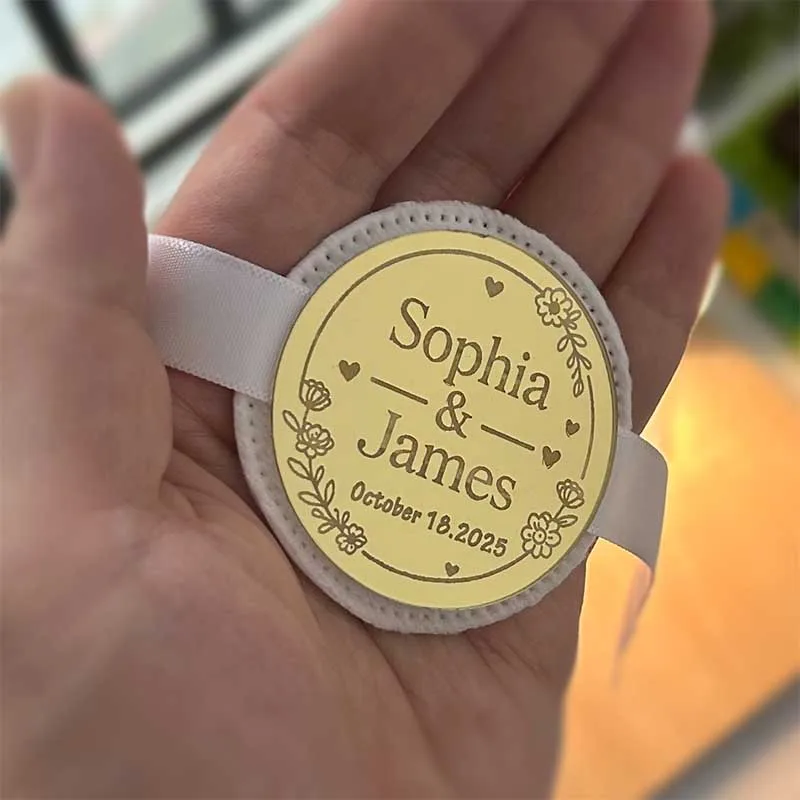 Tampons de coton Hanna personnalisés, nom/Date/thème en acrylique personnalisés, plaque signalétique, coton-pad et ruban combinés, étiquette de faveur de fête