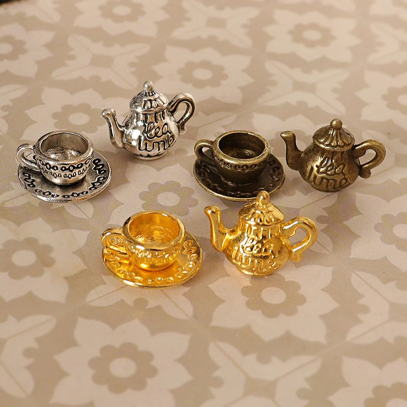 1Set 1:12 Dollhouse Miniature Teapot Cup Saucer Metal Tea Set Dining Table Model Decor Toy Doll House Accessories