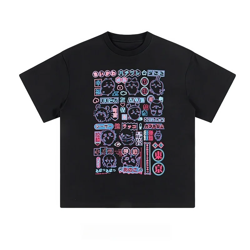 Chiikawa Neon Japanese Multi Characters Print T-shirt Unisex Short Sleeve O-Neck Kawaii Anime Casual Streetwear for Men Women