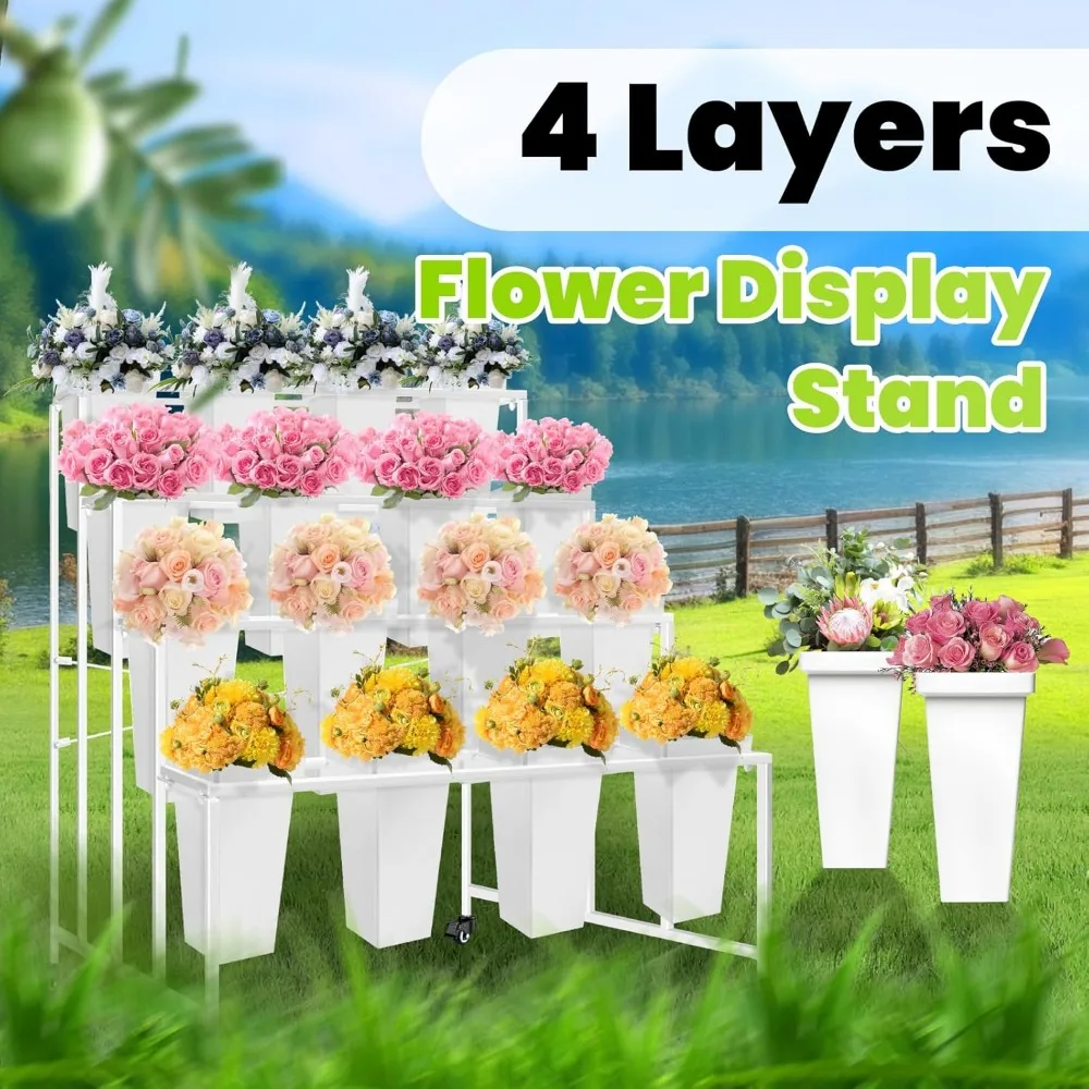 Carrello per piante mobile a 4 livelli per impieghi gravosi con 16 secchi per esposizioni floreali e facile trasporto con ruote