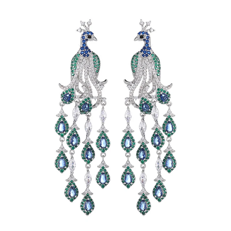 

luxury zirconia long earrings large peacock green blue shiny jewelry evening party wedding women earrings gift