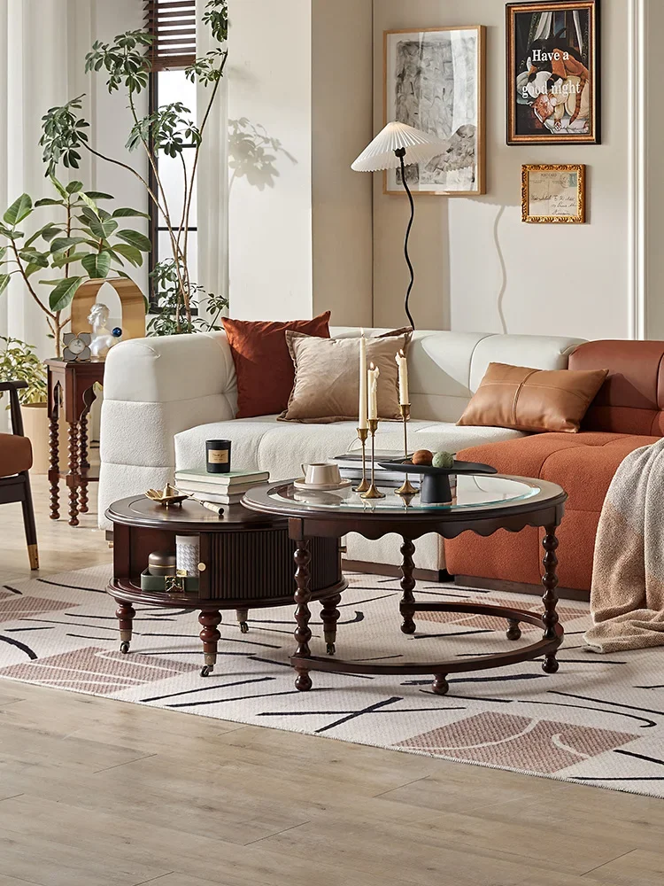 

Retro Round Solid Wood Tea Table Combination Living Room Home French Small Apartment Tea Table Simple Modern