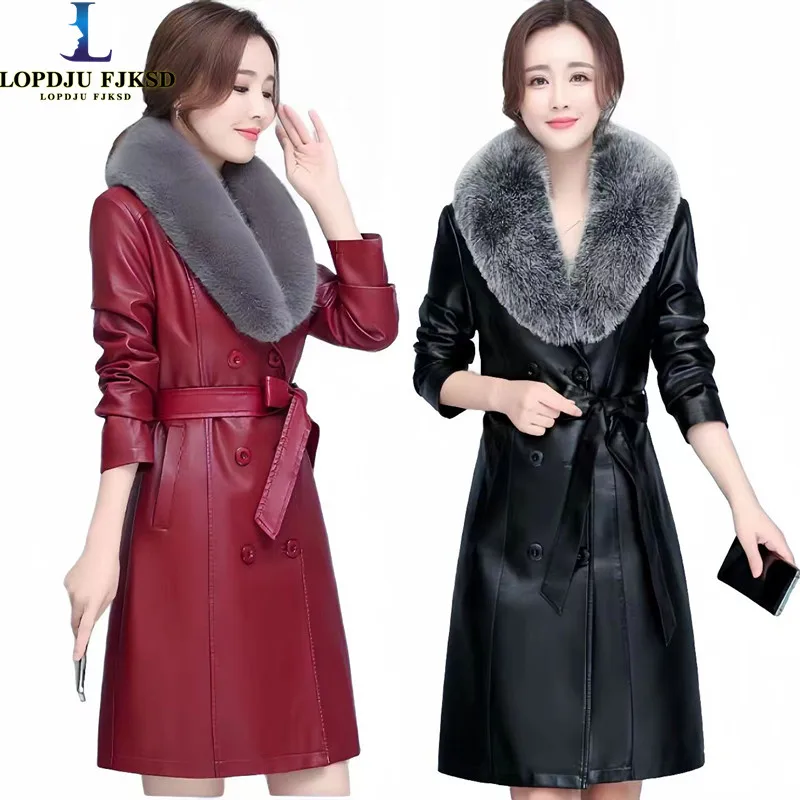 

Slim Long Sheep Leather Jacket for Women, Fur Collar, Warm Thick Overcoat, Female Clothing, New Fashion, Autumn and Winter, 2023