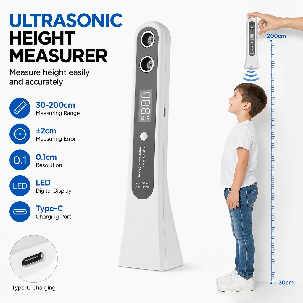 Dual Ultrasonic Sensor Height Meter LED Digital Screen Type‑C Charging Portable Household Height Measuring Ruler 30‑200CM