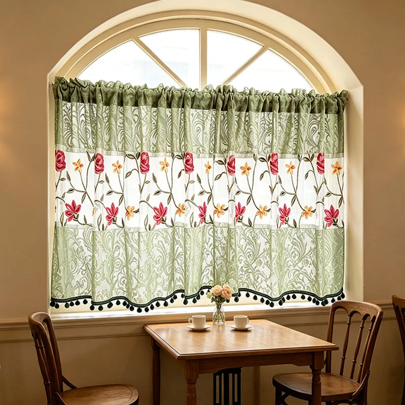 1pc Romantic Cottage Short Curtain, Green Fern Lace Spliced Vibrant Rose Embroidery, Wavy Pom‑pom Fringe Rod Pocket